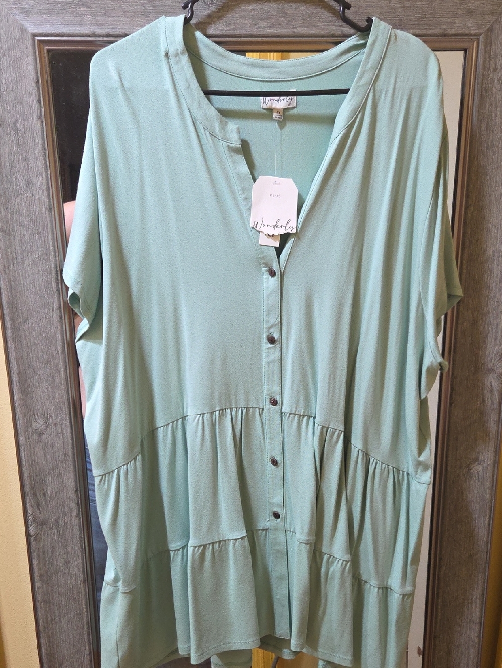Wonderly Sage Green Button-Front Tiered Tunic
